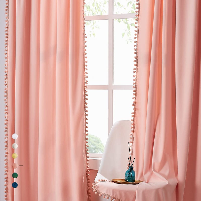 Treatmentex Velvet Blush Pink Curtains for Windows 63" Decorative Pom Pom Fringe Window Curtain Set for Girls Room Cotton Feel Soft, 1 Pair Coral - Image 3
